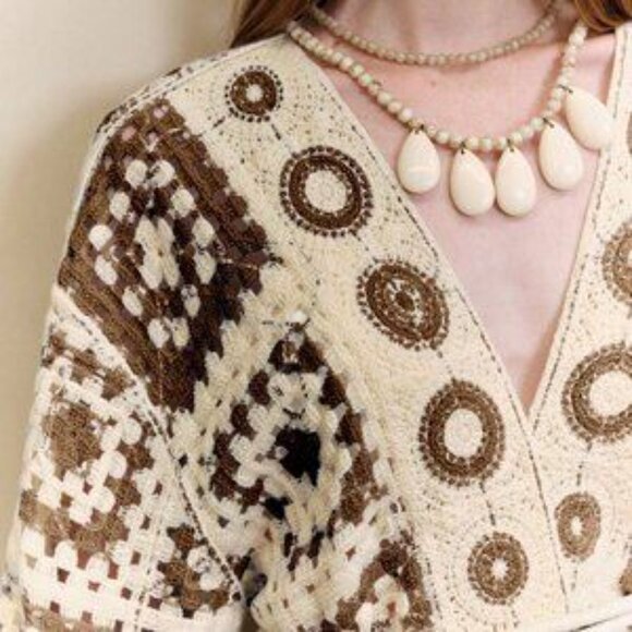 Coffee Brown Casual Women's Geometric Crochet Dolman Sleeve Cardigan - Picture 4 of 7